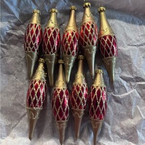 Set of 9 Vintage Glitter Gold and Red Christmas Ornaments. Approx. 3-4” long.